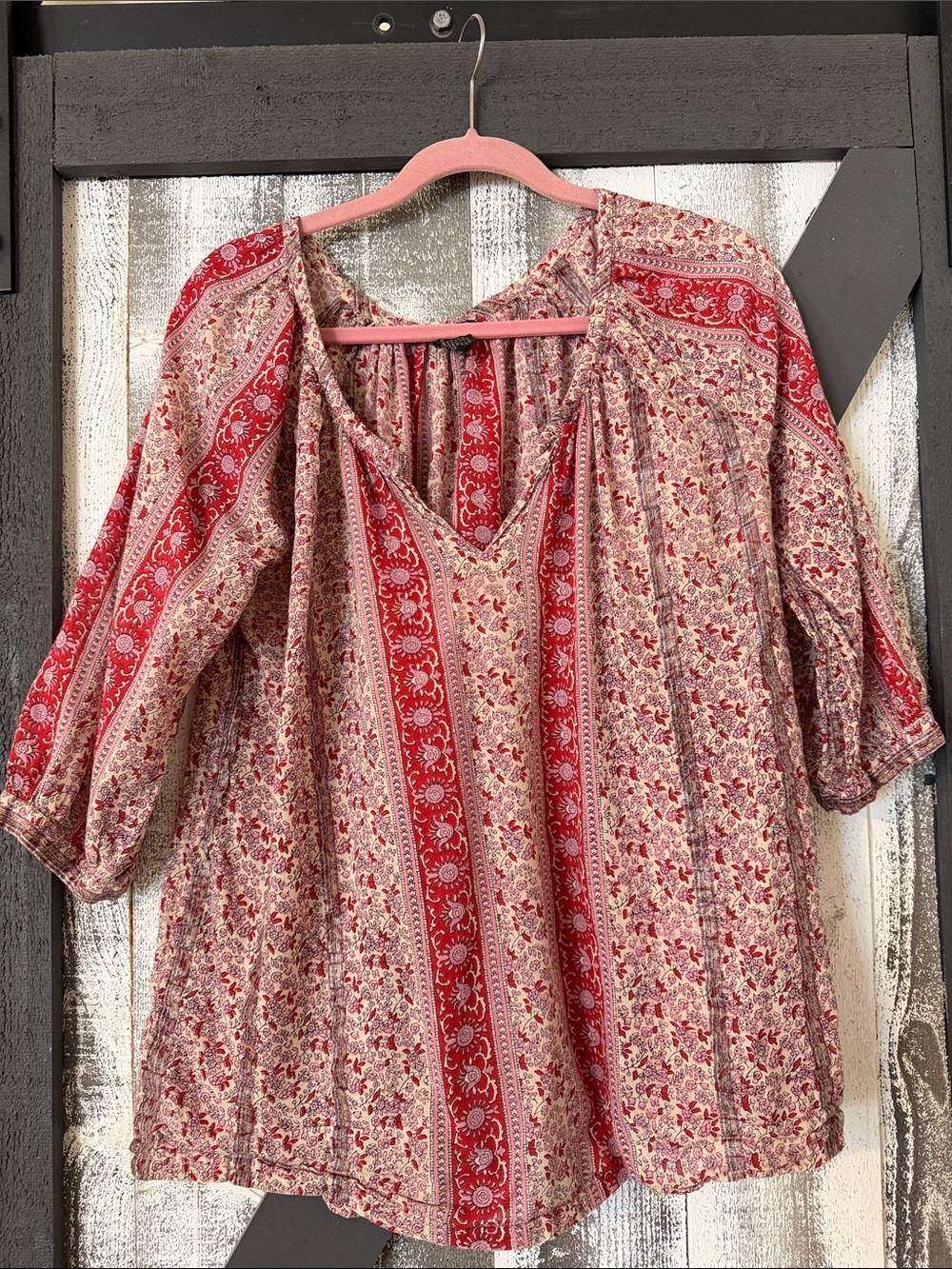 Lucky Brand Red & Cream Peasant Blouse